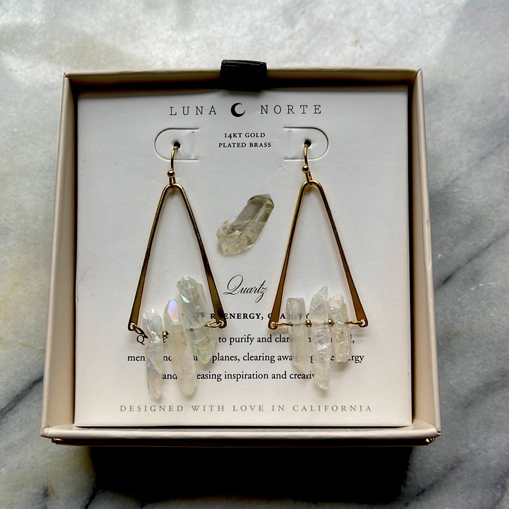 Luna Norte healing crystal quartz earrings 14kt gold plated
